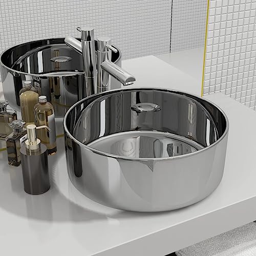 QJBSAVVA Runde Keramik Waschbecken 40 cm Silber Aufsatzwaschbecken Modernes Design Einfache Reinigung für Badezimmer Waschraum von QJBSAVVA
