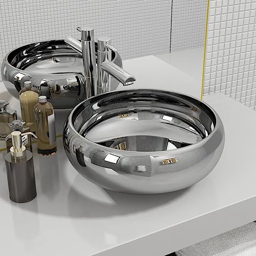 QJBSAVVA Runde Keramik Waschbecken Silber 40 cm Aufsatzwaschbecken mit 4,5 cm Abflussloch Modernes Design für Badezimmer und Gäste WC QJBSAVVA Runde Keramik Waschbecken Silber 40 cm Aufsatzwaschbecken mit 4,5 cm Abflussloch Modernes Design für Badezimmer und Gäste WC von QJBSAVVA