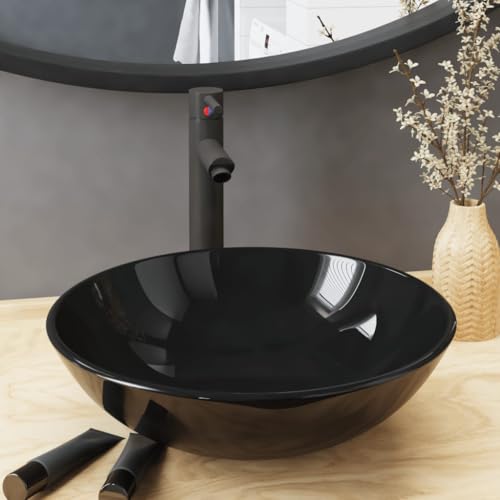 QJBSAVVA Runde Waschbecken Set Schwarz Grau mit Wasserhahn und Pop Up Ablaufgarnitur aus Gehärtetem Glas 42 cm für Badezimmer von QJBSAVVA