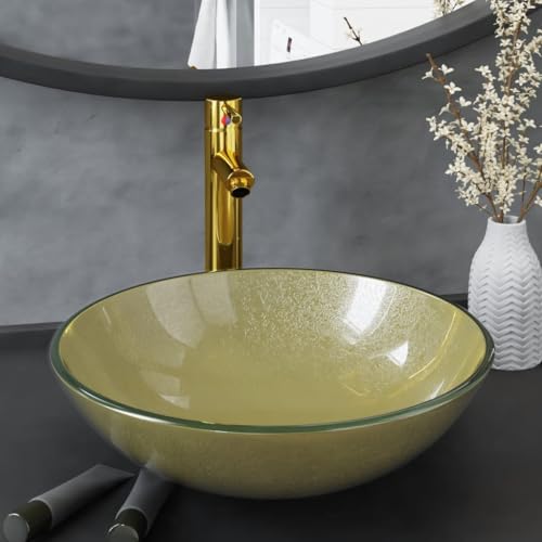 QJBSAVVA Runde Waschbecken mit Wasserhahn Gold 42 cm Gehärtetes Glas Pop Up Ablaufgarnitur für Badezimmer Modernes Design QJBSAVVA Runde Waschbecken mit Wasserhahn Gold 42 cm Gehärtetes Glas Pop Up Ablaufgarnitur für Badezimmer Modernes Design von QJBSAVVA