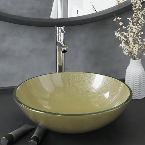 QJBSAVVA Runde Waschbecken mit Wasserhahn Gold oder Silber 42 cm Durchmesser aus Gehärtetem Glas mit Pop Up Ablaufgarnitur für Badezimmer von QJBSAVVA