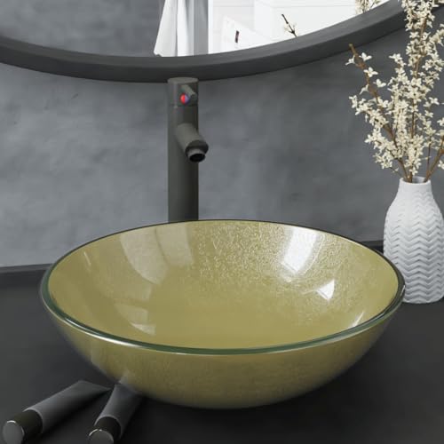QJBSAVVA Runde Waschbecken mit Wasserhahn Grau Gold 42 cm Durchmesser aus gehärtetem Glas Einhebel Armatur für Badezimmer mit Ablaufgarnitur QJBSAVVA Runde Waschbecken mit Wasserhahn Grau Gold 42 cm Durchmesser aus gehärtetem Glas Einhebel Armatur für Badezimmer mit Ablaufgarnitur von QJBSAVVA