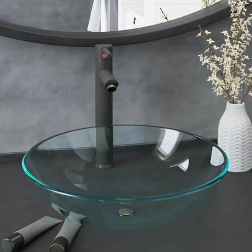 QJBSAVVA Runder Waschtisch aus gehärtetem Glas 42 cm mit Einhebelarmatur Push Ablauf und Montagezubehör Transparent Grau für Badezimmer und Gäste WC von QJBSAVVA