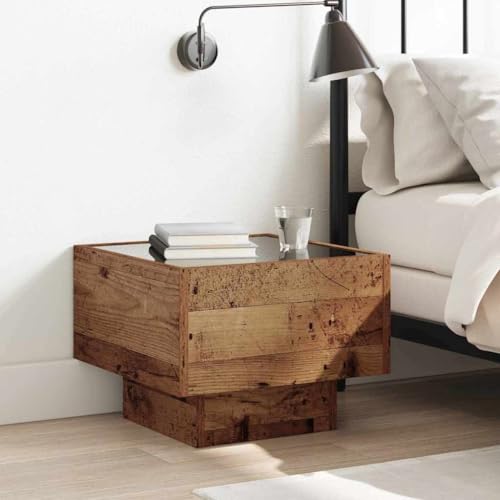 QJBSAVVA Rustikaler Couchtisch Quadratisch 40 x 40 x 30 cm aus Holzwerkstoff & Glas mit LED-Lichtern für Wohnzimmer und Schlafzimmer von QJBSAVVA