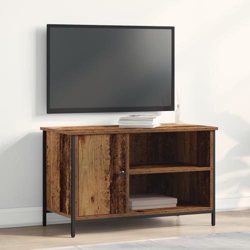 QJBSAVVA Rustikaler TV-Schrank Lowboard Fernsehtisch aus Massivholz Eiche und Stahl Braun 80x40x50 cm mit Stauraum für Wohnzimmer Möbel von QJBSAVVA