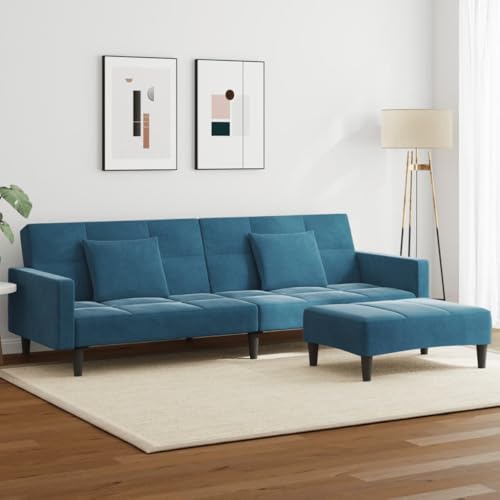 QJBSAVVA Schlafsofa 2 Sitzer mit Fußhocker Blau Samt Ausziehbares Gästebett mit 2 in 1 Funktion für Wohnzimmer kleine Räume Büro von QJBSAVVA
