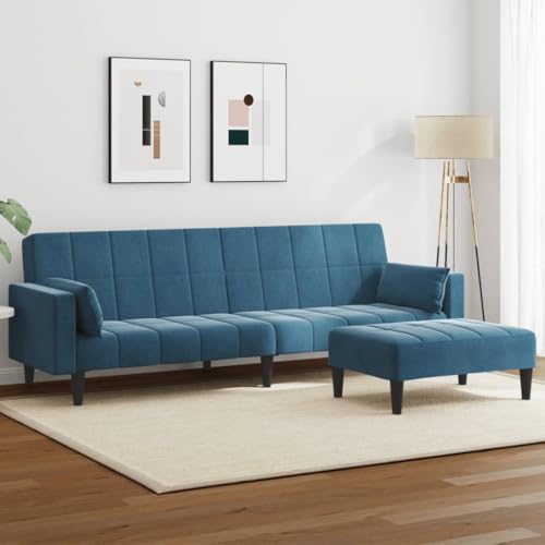 QJBSAVVA Schlafsofa 2 Sitzer mit Fußhocker Blau Samt Ausziehbares Gästebett mit 2 in 1 Funktion für Wohnzimmer kleine Räume und Büro von QJBSAVVA