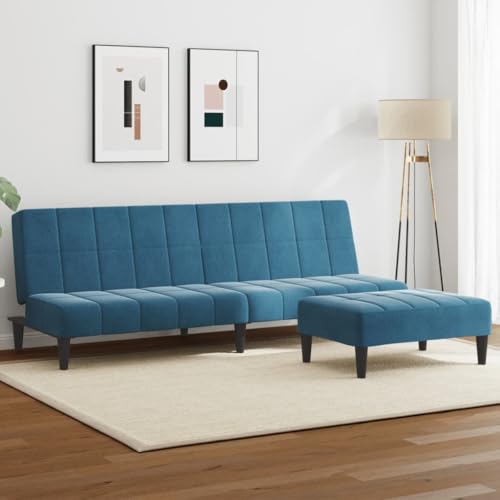 QJBSAVVA Schlafsofa 2 Sitzer mit Fußhocker Blau Samt Ausziehbares Gästebett mit Holzrahmen und Schaumstofffüllung 200 x 84 5 x 69 cm Bequem für Wohnzimmer und kleine Räume von QJBSAVVA
