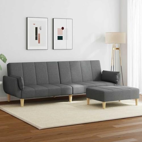 QJBSAVVA Schlafsofa 2 Sitzer mit Fußhocker Dunkelgrau Stoff ausziehbares Gästebett mit 2 Kissen 220 cm Länge Robustes Holzgestell für Wohnzimmer kleine Räume und Büro von QJBSAVVA