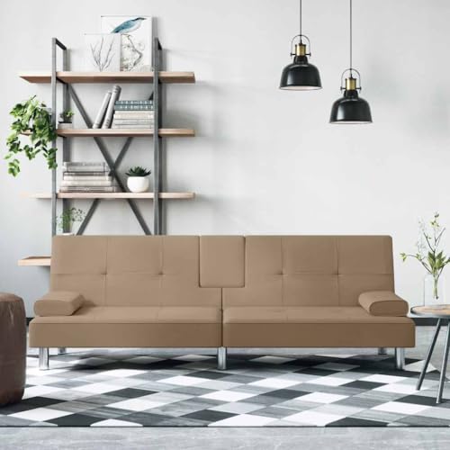 QJBSAVVA Schlafsofa Cappuccino Braun mit Verstellbarer Rückenlehne und USB Anschluss Kunstleder Sofa Couch für Wohnzimmer Gästebett mit Getränkehaltern 200 x 89 x 70 cm von QJBSAVVA