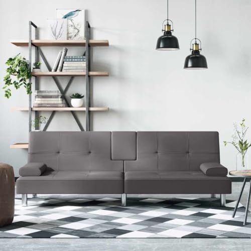 QJBSAVVA Schlafsofa Grau Kunstleder 200 cm Breite mit USB Anschluss und Getränkehaltern Verstellbare Rückenlehne Bequemes Gästebett für Wohnzimmer und Gästezimmer von QJBSAVVA