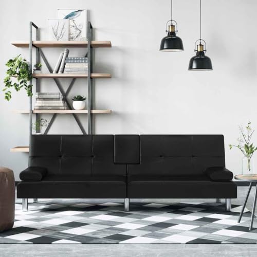 QJBSAVVA Schlafsofa Schwarz Kunstleder 200 cm Breite Verstellbare Rückenlehne mit USB Anschluss und Getränkehaltern Bequemes Gästebett für Wohnzimmer und Gästezimmer von QJBSAVVA