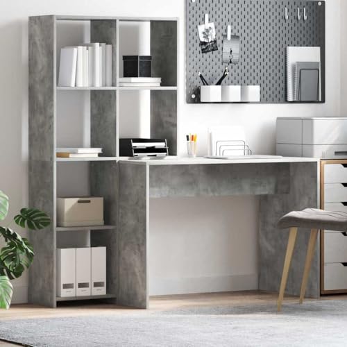 QJBSAVVA Schreibtisch Betongrau 138.5 x 55 x 143 cm Holzwerkstoff Moderner Büroschreibtisch mit Stauraum für Homeoffice und Jugendzimmer von QJBSAVVA