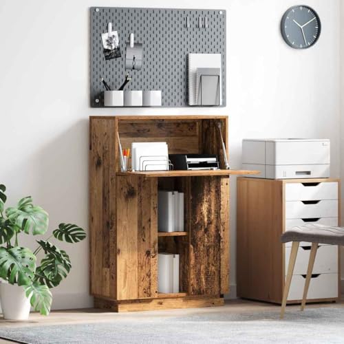 QJBSAVVA Schreibtisch Braun Altholz Ingenieurholz Rechteckig mit 2 Regalen und 3 Fächern Rustikaler Vintage Look für Home Office und Arbeitszimmer von QJBSAVVA