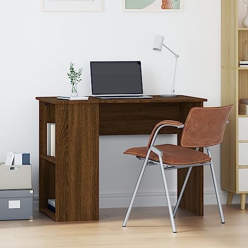 QJBSAVVA Schreibtisch Braun Eichen-Optik 100x55x75 cm Moderner Computertisch mit 2 Fächern Stauraum Holzwerkstoff für Büro und Homeoffice von QJBSAVVA
