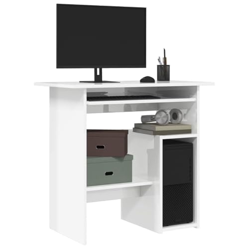 QJBSAVVA Schreibtisch Hochglanz Weiß 80x45x74 cm Moderner Computertisch mit Regal und Tastaturauszug Robuster Holzwerkstoff für Büro Homeoffice und Studentenzimmer von QJBSAVVA