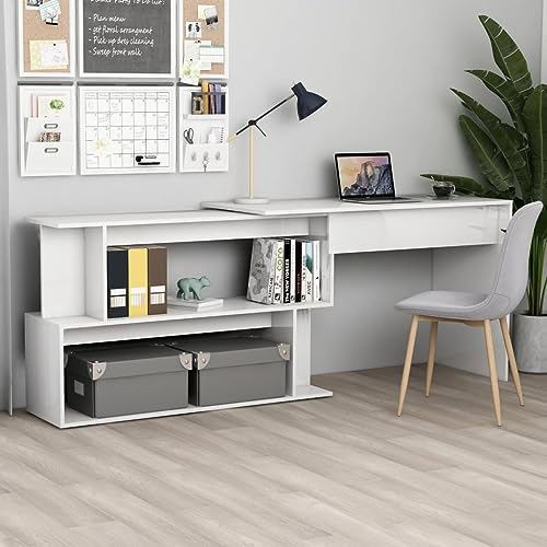 QJBSAVVA Schreibtisch Hochglanz Weiß Moderner Drehbarer Eckschreibtisch aus Holzwerkstoff 200 x 50 x 76 cm mit Stauraum Robust & Langlebig für Büro Homeoffice und Wohnzimmer von QJBSAVVA