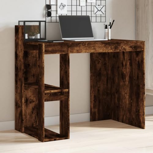 QJBSAVVA Schreibtisch Räuchereiche 103.5x56.5x94 cm Holzwerkstoff Moderner Bürotisch mit 2 Regalböden und Stauraum Platzsparend für Homeoffice Studentenzimmer und kleine Räume von QJBSAVVA
