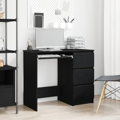 QJBSAVVA Schreibtisch Schwarz Eichen-Optik 90 x 45 x 76 cm mit 3 Schubladen Robustes Holzwerkstoff Design für Büro Gaming Zimmer und Wohnbereich von QJBSAVVA