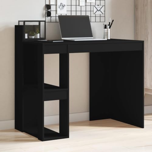 QJBSAVVA Schreibtisch Schwarz Moderner Bürotisch aus Holzwerkstoff mit 2 Regalböden 103.5 x 56.5 x 94 cm Robust & Platzsparend für Homeoffice Studentenzimmer und kleine Räume von QJBSAVVA