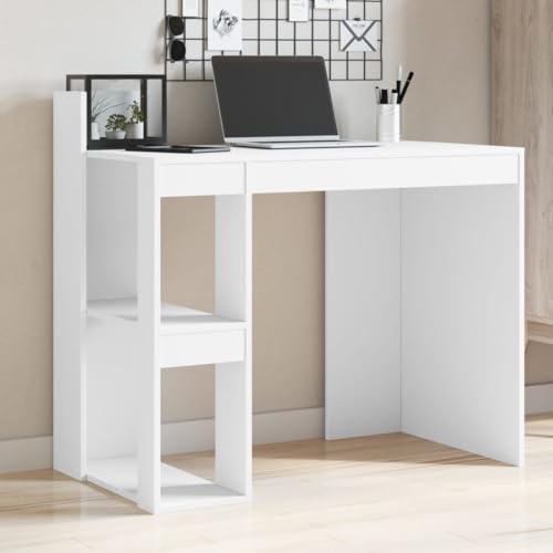 QJBSAVVA Schreibtisch Weiß 103,5x56,5x94 cm Holzwerkstoff Moderner Bürotisch mit 2 Regalböden und Stauraum Robust & Platzsparend für Homeoffice Jugendzimmer und kleine Räume von QJBSAVVA