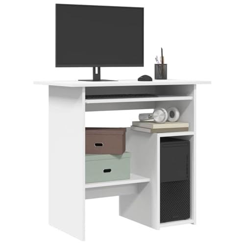 QJBSAVVA Schreibtisch Weiß 80x45x74 cm Moderner Computertisch mit Regal und Tastaturauszug aus Holzwerkstoff Robust und Langlebig für Büro Studentenzimmer und kleine Wohnungen von QJBSAVVA