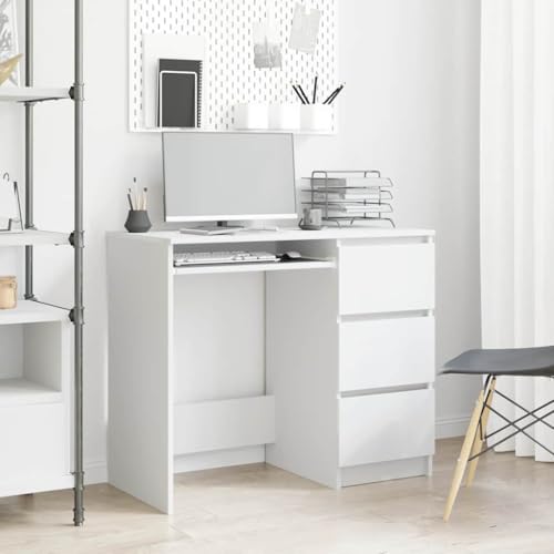 QJBSAVVA Schreibtisch Weiß 90x45x76 cm Holzwerkstoff mit 3 Schubladen Robuster PC Tisch für Büro und Jugendzimmer Platzsparend und Elegant von QJBSAVVA
