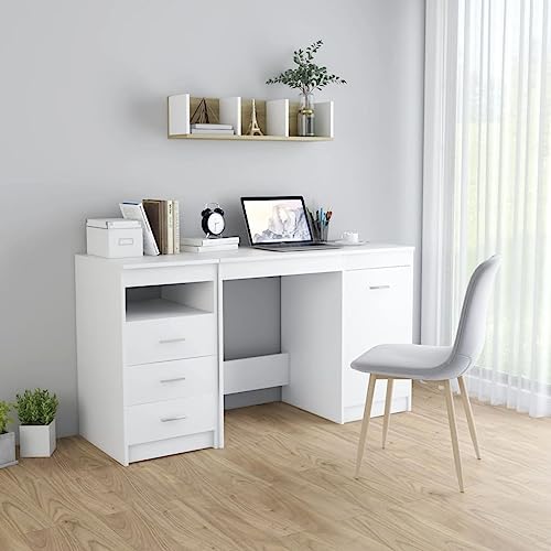 QJBSAVVA Schreibtisch Weiß Moderner Büroschreibtisch mit Schrank und 3 Schubladen aus Holzwerkstoff 140 x 50 x 76 cm Robuster Schreibtisch für Homeoffice und Jugendzimmer von QJBSAVVA