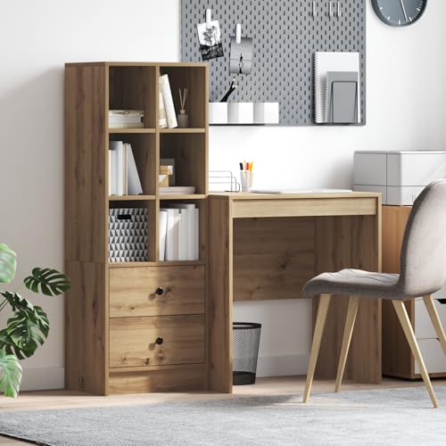 QJBSAVVA Schreibtisch mit Stauraum Massivholz Eiche Optik Braun Rechteckig Kompakter Homeoffice Schreibtisch mit Fächern Regalen und Schubladen für Arbeitsplatz von QJBSAVVA