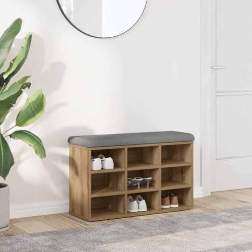 QJBSAVVA Schuhbank Artisan Eiche 82x32x50 cm mit gepolstertem Sitzkissen aus Holzwerkstoff Stauraum Bank für Flur Wohnzimmer und Schlafzimmer von QJBSAVVA