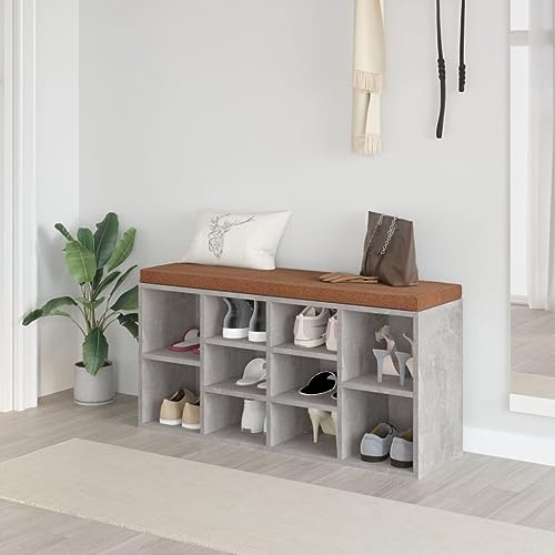 QJBSAVVA Schuhbank Betongrau 103x30x48 cm aus Holzwerkstoff mit 10 Fächern und gepolsterter Sitzfläche für Flur Schlafzimmer und Esszimmer von QJBSAVVA