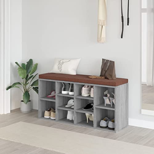 QJBSAVVA Schuhbank Grau Sonoma 103x30x48 cm mit Sitzfunktion und 10 Fächern aus Holzwerkstoff für Flur Schlafzimmer und Esszimmer von QJBSAVVA
