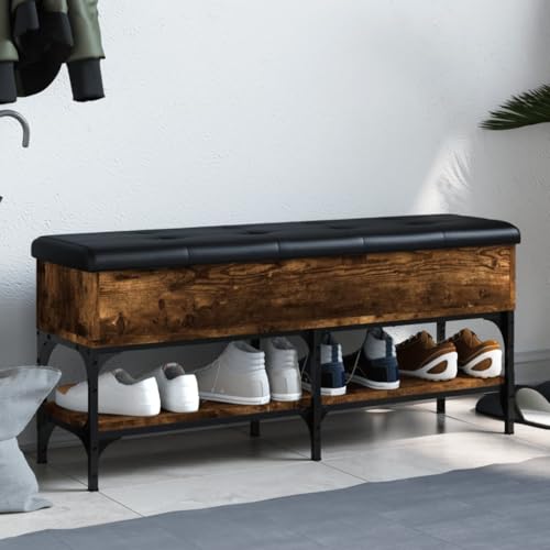 QJBSAVVA Schuhbank Räuchereiche 102x32x45 cm mit Stauraum und Polsterkissen aus Kunstleder Stabile Flur Bank für Wohnzimmer und Schlafzimmer von QJBSAVVA