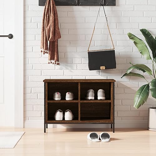 QJBSAVVA Schuhregal Braun Eichen-Optik 69x35x50 cm Schuhschrank aus Holzwerkstoff & Stahl mit 4 Fächern Stabile Sitzbank & Platzsparende Aufbewahrung für Flur Wohnzimmer von QJBSAVVA