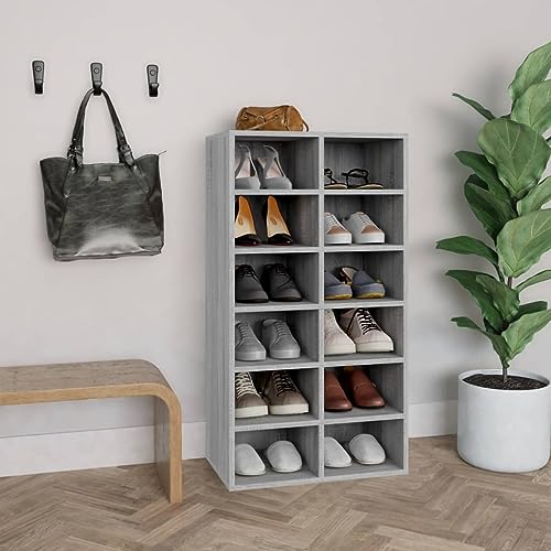 QJBSAVVA Schuhregal Grau Sonoma 54x34x100,5 cm aus Holzwerkstoff mit 12 Fächern Stilvolles Schuhregal Hoch und Schmal für Flur Wohnzimmer und Schlafzimmer von QJBSAVVA