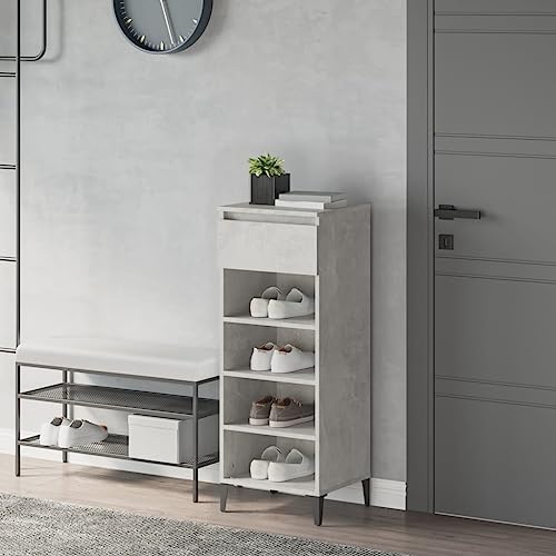 QJBSAVVA Schuhschrank Betongrau 40x36x105 cm Schuhregal aus Holzwerkstoff mit Metallfüßen Stauraum für 3 Fächer und Schublade Stabile Oberfläche für Deko für Flur Wohnzimmer von QJBSAVVA