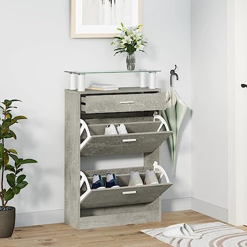 QJBSAVVA Schuhschrank Betongrau Moderner Schuhorganizer mit 3 Kippfächern und Glasablage 63 x 24 x 104 cm Platzsparend für Flur Wohnzimmer und Eingangsbereich von QJBSAVVA