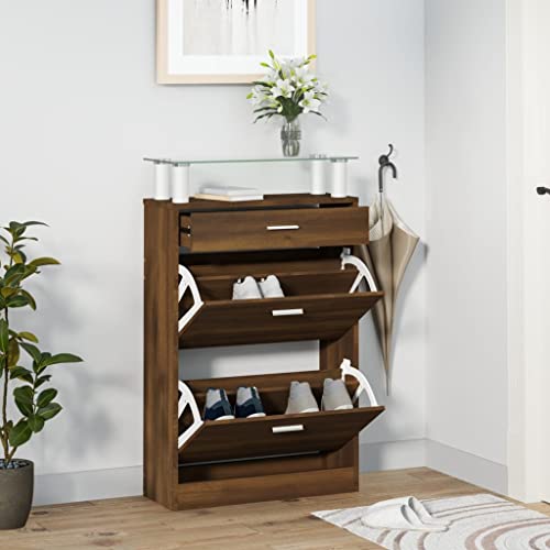 QJBSAVVA Schuhschrank Braun Eichen-Optik 63x24x104 cm Schuhregal Schmal mit 3 Kippfächern und Glasablage Platzsparend für Flur Wohnzimmer und Eingangsbereich QJBSAVVA Schuhschrank Braun Eichen-Optik 63x24x104 cm Schuhregal Schmal mit 3 Kippfächern und Glasablage Platzsparend für Flur Wohnzimmer und Eingangsbereich von QJBSAVVA