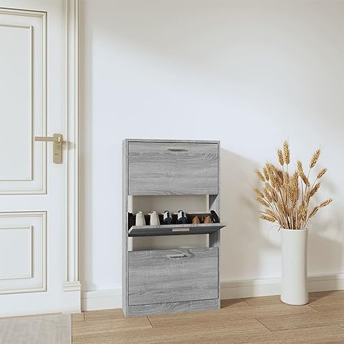 QJBSAVVA Schuhschrank Grau Sonoma 59x17x108 cm Moderner Schuhorganizer mit 3 Kippfächern aus Holzwerkstoff Platzsparend für Flur Wohnzimmer und Eingangsbereich von QJBSAVVA