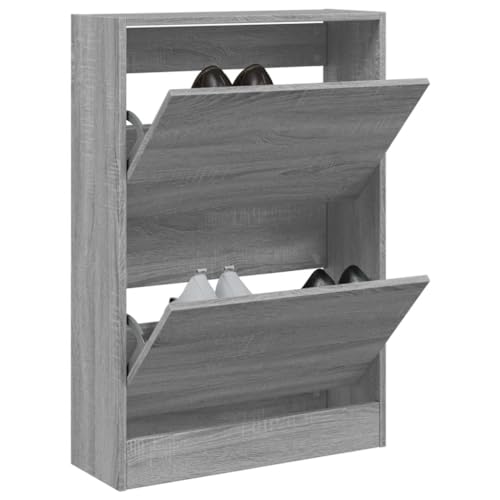 QJBSAVVA Schuhschrank Grau Sonoma 60x21x87,5 cm Holzwerkstoff Schuhregal schmal mit 2 Fächern und Stabiler Ablagefläche platzsparend für Flur Eingangsbereich und Wohnmobil von QJBSAVVA