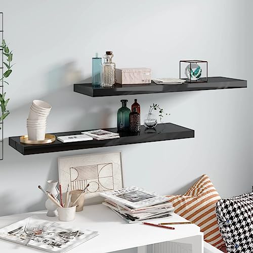 QJBSAVVA Schweberegal 2er Set Hochglanz-Schwarz Waben-MDF Metall Wandregal Modernes Design Unsichtbare Montage für Wohnzimmer Badezimmer und Küche von QJBSAVVA