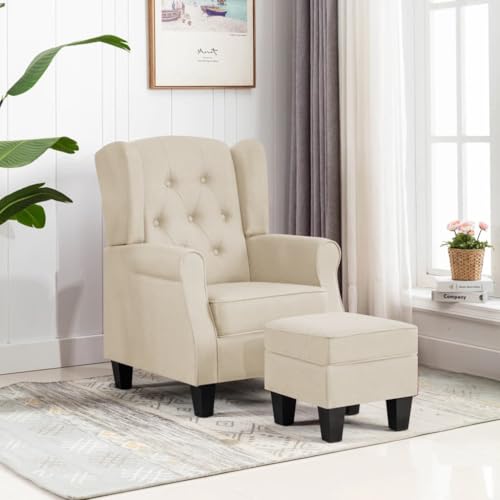 QJBSAVVA Sessel mit Fußhocker Creme Stoff Loungesessel Modernes Design Hohe Rückenlehne und Dicke Polsterung für Wohnzimmer Schlafzimmer und Balkon von QJBSAVVA