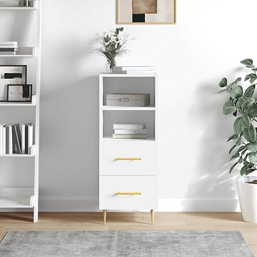 QJBSAVVA Sideboard Weiß Modernes Design mit 2 Schubladen & 2 Fächern Holzwerkstoff & Metallbeine 34,5x34x90 cm Stauraum für Wohnzimmer Küche Flur von QJBSAVVA