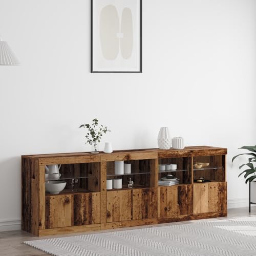 QJBSAVVA Sideboard mit LED-Beleuchtung Rustikales Buffet Schrank aus Massivholz Altholz Braun Verwittert 202x37x67 cm für Esszimmer Wohnzimmer und Flur von QJBSAVVA