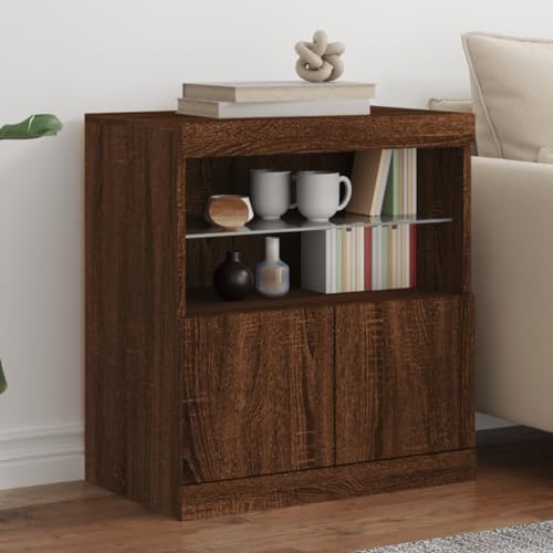 QJBSAVVA Sideboard mit RGB LED-Beleuchtung Braun Eichen-Optik 60x37x67 cm Modernes Wohnzimmer Sideboard mit Stauraum & Präsentationsfläche von QJBSAVVA