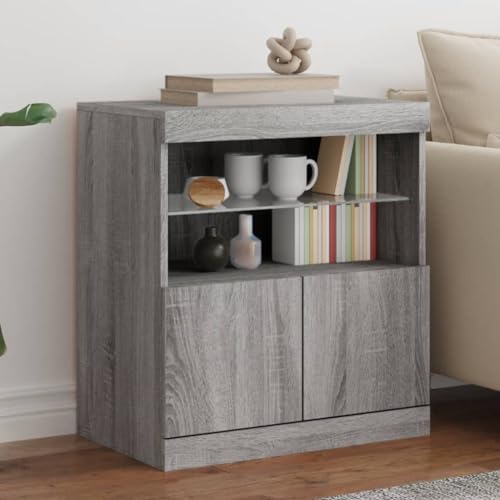 QJBSAVVA Sideboard mit RGB LED-Beleuchtung Grau Sonoma 60x37x67 cm - Modernes Wohnzimmer Sideboard aus Holzwerkstoff & Glas mit Stauraum & Wandhalterung von QJBSAVVA