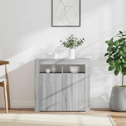 QJBSAVVA Sideboard mit RGB-LED-Beleuchtung Grau Sonoma 80x35x75 cm aus Holzwerkstoff - Modernes Design mit viel Stauraum für Wohnzimmer, Küche oder Flur von QJBSAVVA