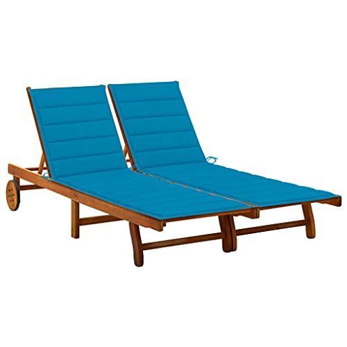 QJBSAVVA Sonnenliege aus Massivholz Akazie 2 Personen Relaxliege mit Verstellbarer Rückenlehne und Fußstütze Inklusive 2 Blauen Polstern 200 x 118 cm Perfekt für Garten Terrasse und Poolbereich von QJBSAVVA