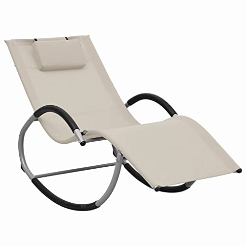 QJBSAVVA Sonnenliege aus pulverbeschichtetem Stahl mit Schaukeldesign und abnehmbarem Kissen Creme Grau 65 x 155 x 83 cm Wetterfeste Gartenliege für Terrasse Balkon und Strand von QJBSAVVA