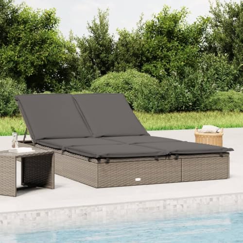 QJBSAVVA Sonnenliege für 2 Personen Grau PE Rattan mit Kissen Verstellbare Lounge Liege für Garten Balkon und Camping Robustes Outdoor Design von QJBSAVVA